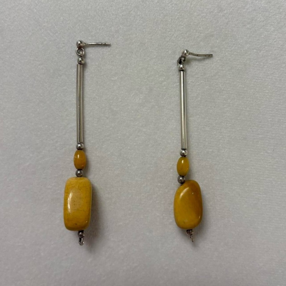 Vintage 925 Sterling Silver Yellow Stone Beads Dangly Drop Funky Earrings